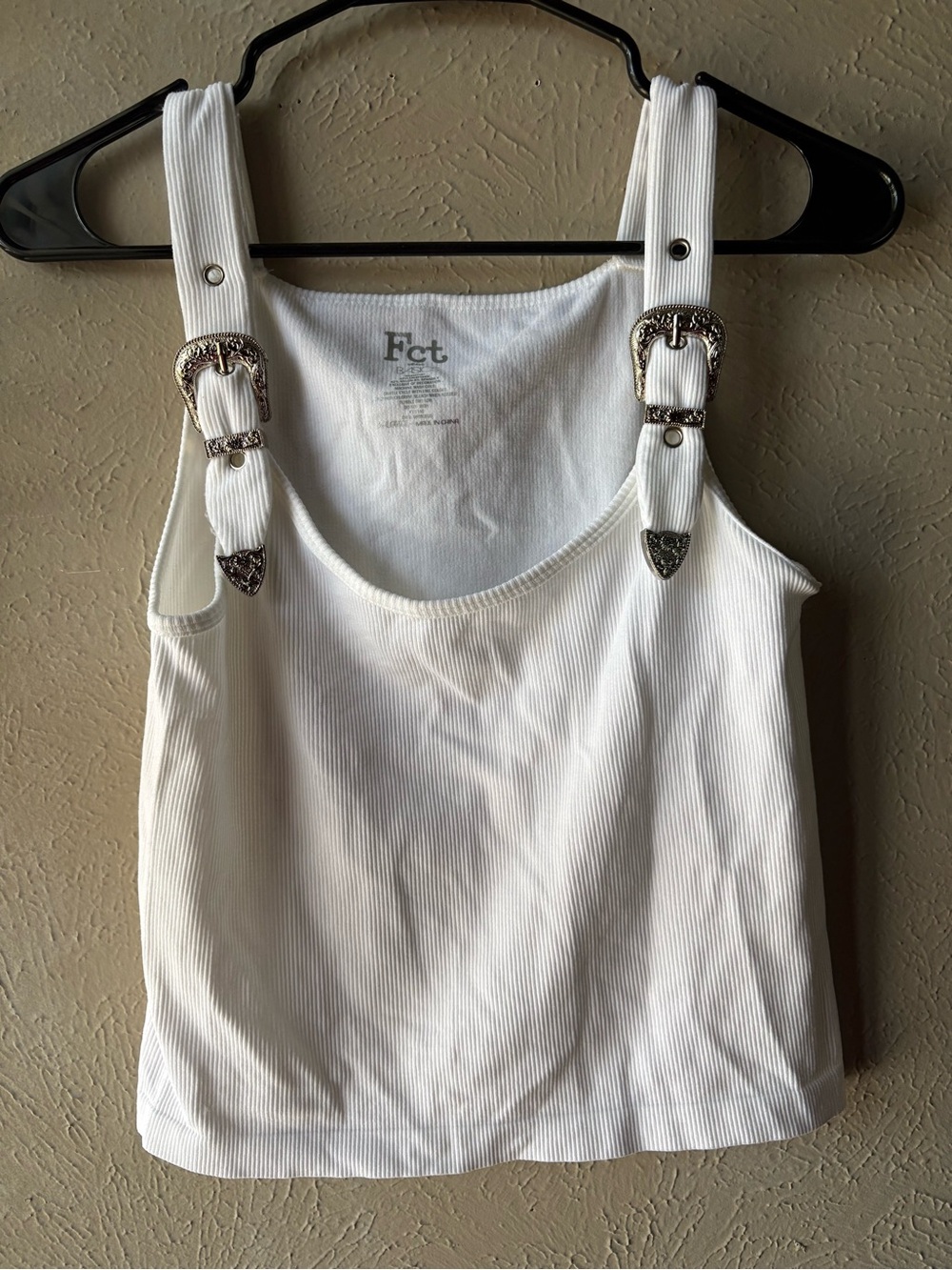 White Ribbed Tank Top with Decorative Buckles